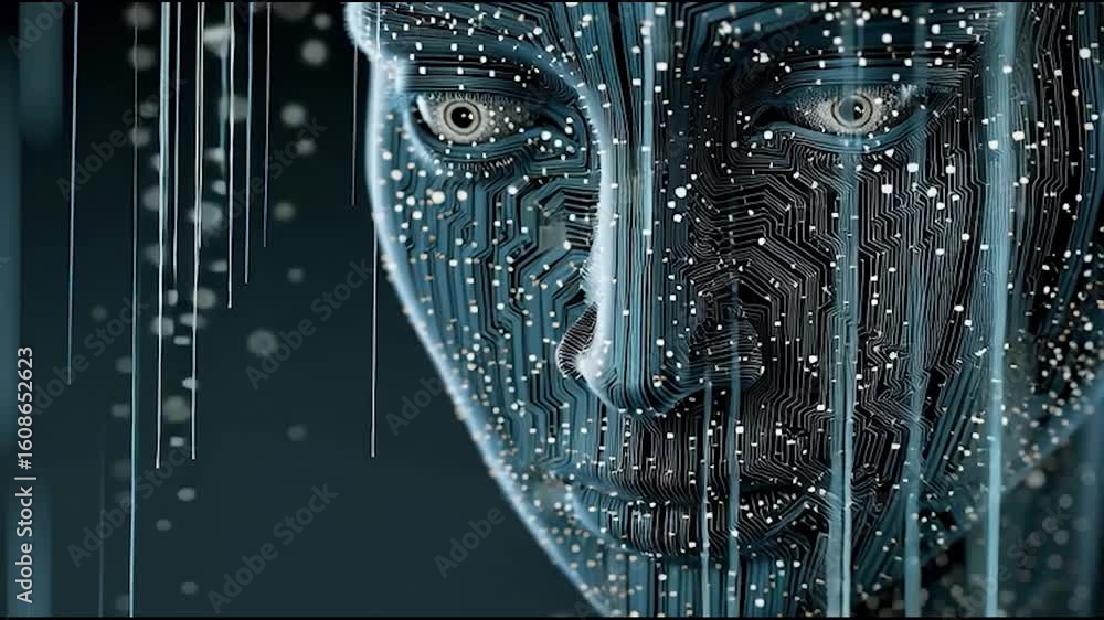 Poster a digital human face made of circuits and glowing particles, symbolizing artificial intelligence and