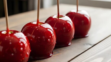 Vibrant Red Candy Apples Arranged on Rustic Light Wood Surface Simple Holiday Sweet Treat with a Glossy Finish