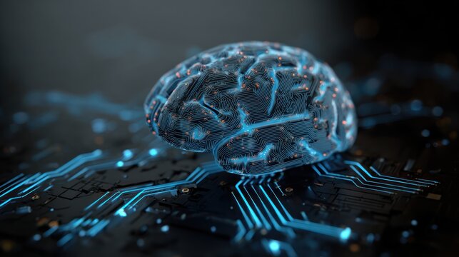 3D rendered brain, glowing with circuits, on a digital circuit board. Futuristic concept
