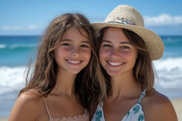 Mother and daughter enjoying time at the sea, creating happy memories during a peaceful beach vacation, Generative AI