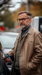 Mature businessman waiting for his electric car to charge at an electric vehicle charging station,  sustainable energy practices while maintaining a busy professional lifestyle, Generative AI