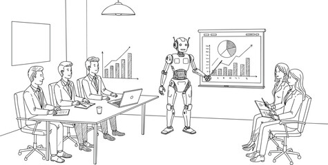 Artificial intelligence robot presenting data analysis to diverse business team during corporate meeting in modern office setting