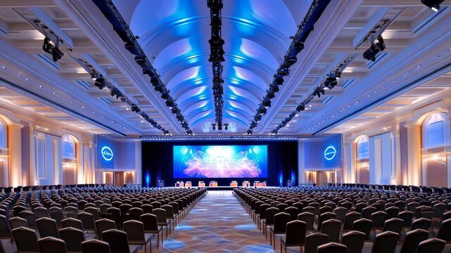 Grand Hall Event: A grand hall illuminated in blue tones, sets the stage for a large conference or event, with rows of chairs facing a central stage and a large screen.