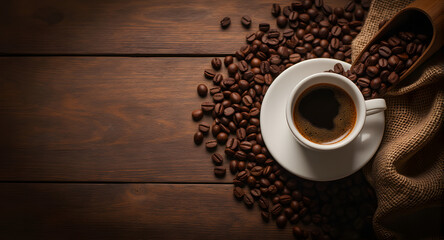 Coffee Cup and Beans on Wooden Table