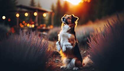 The dog is sitting on its hind legs.