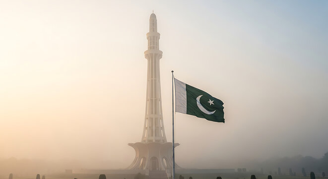 Pakistan flag waving in front of minar e pakistan monument on a hazy morning view