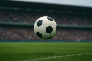 Fototapeta premium Soccer Ball in Motion on Field Captures Excitement of Global Football Tournament