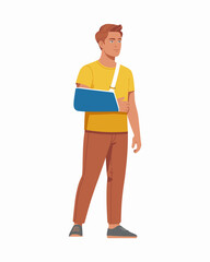 A Person with a broken arm: A person, sporting a blue sling around an injured arm, stands tall in a scene, his expression a portrait of resilience amidst an unseen accident. 