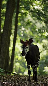 Young Okapi Standing Gracefully Among Lush Green Forest Foliage