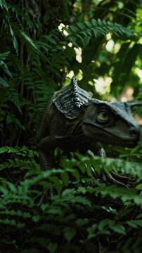 Lifelike Dinosaur Model Hiding Among Ferns in Lush Greenery