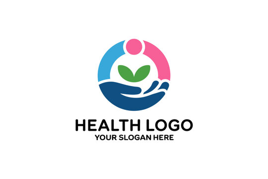 Health Logo Concept: A clean, modern logo design embodies care and wellbeing, featuring a stylized hand cradling a fresh plant, symbolizing growth and vitality, within an embracing circle.