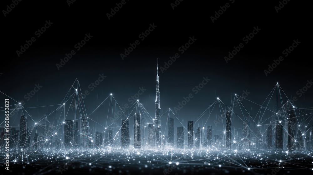 Aufkleber a modern city skyline illuminated by a network of connecting points against a dark background