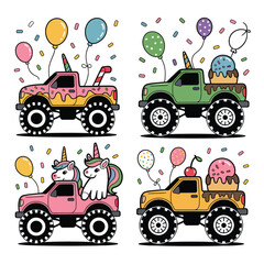 Four colorful monster trucks decorated for a birthday party with balloons and confetti