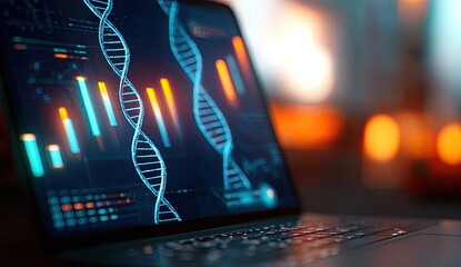 Laptop screen displaying complex data visualizations and DNA strands