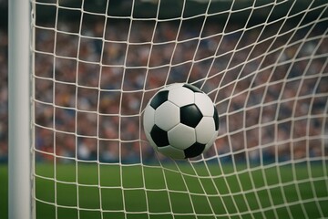 Naklejka premium Soccer Ball Scoring Goal in Stadium Net - Exciting World Cup Action Photography