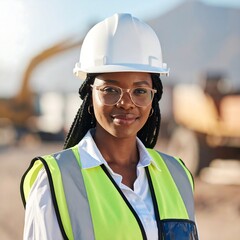 Woman engineer in safety gear, confident smile