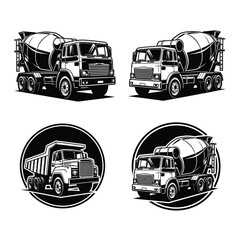 Monochrome Vector Illustration of Construction Trucks with Cement Mixer and Dump Truck Design for Transportation Industry Needs