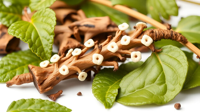 Scrophularia figwort root herb used in traditional Chinese herbal medicine. Used as a heart tonic, is anti inflammatory, treats laryngitis, sore throats and reduces fever. Zuan shen. On white.