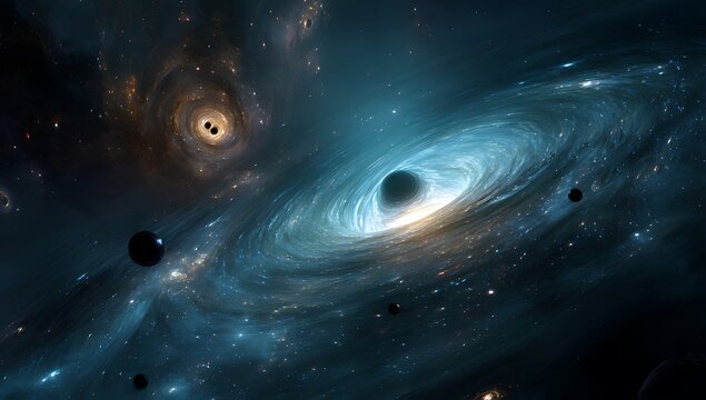 A Black Hole's Gravitational Pull in the Vastness of Space, 
This captivating image showcases a black hole in deep space, with swirling galaxies and surrounding planets.