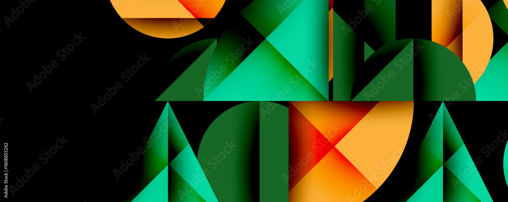 Poster abstract geometric composition. green, orange shapes overlap, creating dynamic visual effect. minima