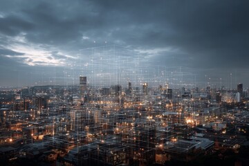 Smart energy urbanization: cityscape meets digital grid interface. Renewable energy. Dublin's gridbeyond pioneers massive energy storage project in california. Energy solutions. Solar power.