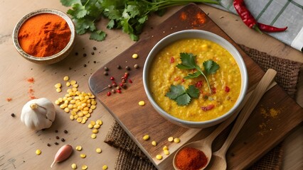 Delicious indian dal tadka served with fresh cilantro and spices on a rustic wooden board