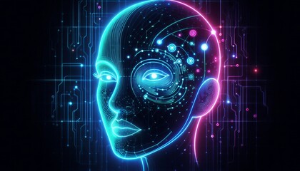 Neon face silhouette in cyberspace, digital technology, human neon face in futuristic technology line art style.