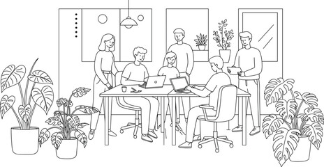 Creative team collaborating in modern office space with laptops, plants, and casual attire in a productive coworking workspace environment