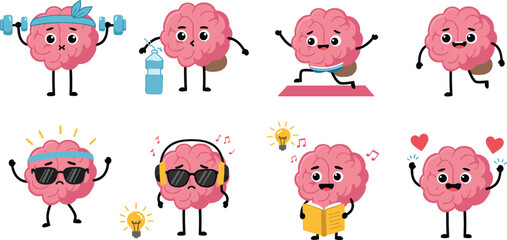 Cute Brain Character Set Showing Fitness, Emotions, Ideas, Music, and Love – Cartoon Vector Icons for Healthy Lifestyle Concepts