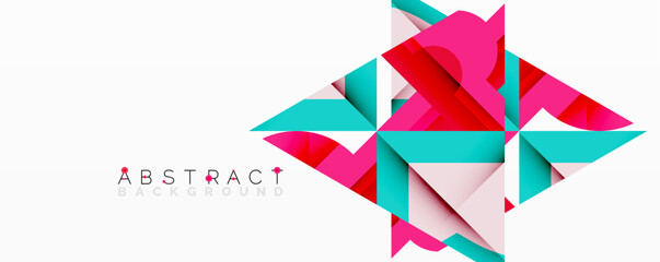Fototapeta premium Bright geometric shapes overlap, creating dynamic abstract background. Pink, teal, white colors dominate composition. Modern design element.