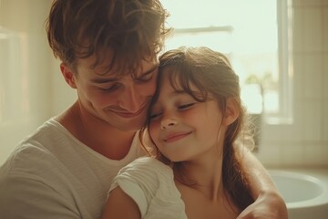 Young family with a small daughter sharing a hug in the bathroom at home, showcasing family bonding and love in an intimate, everyday setting, Generative AI
