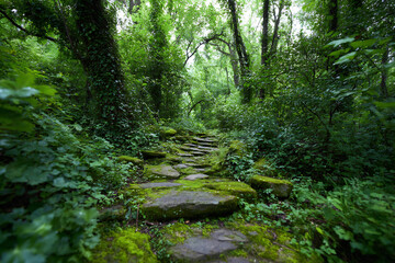 Obraz premium Broken old path with moss and vines winding through overgrown vegetation