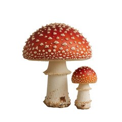 Amanita Muscaria Duo Distinctive Red and White Fungi Isolated Against Plain Field