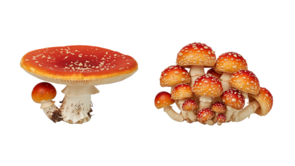 Amanita Muscaria duo, spotlighting singular and clustered formations on transparent canvas