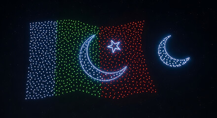 Drone light show forming a flag with a crescent moon and star against a dark night sky