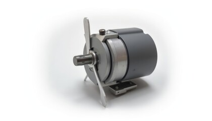 Compact Industrial Motor with Brushed Metal Shaft and Propeller Blades on a White Background.