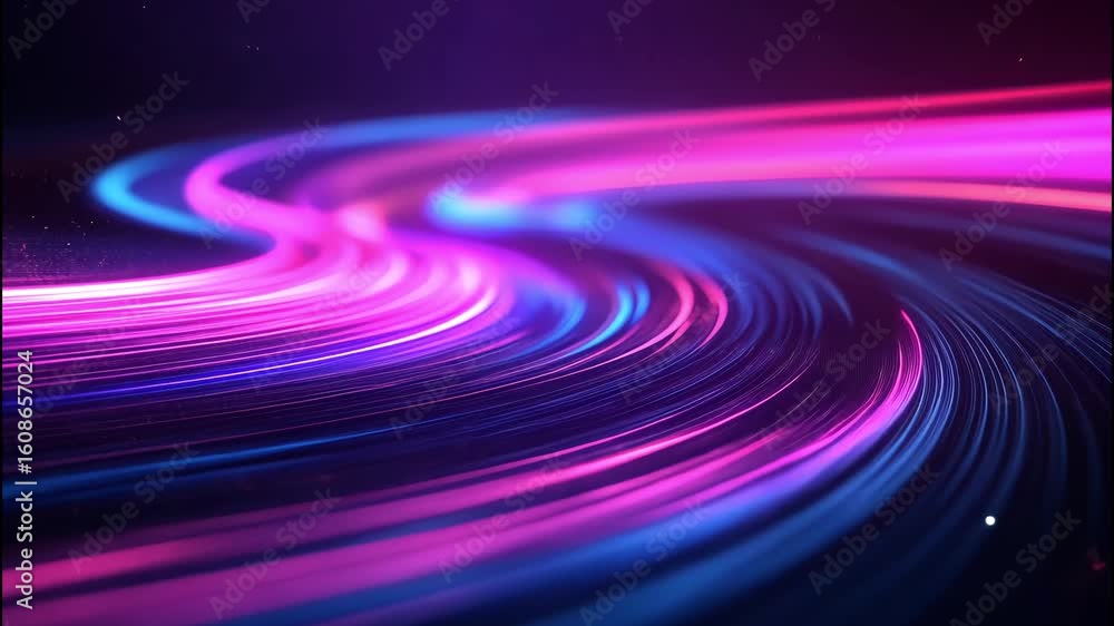 Poster radiating neon light trails in motion on dark abstract background.