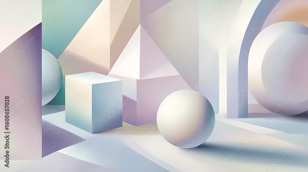 Poster abstract pastel geometric shapes with soft hues for dreamlike composition of cubes spheres pyramids 