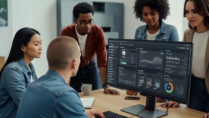 Diverse group collaborating on data dashboard - Powered by Adobe