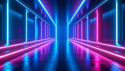 Fototapeta premium Neon tunnel with reflective floor