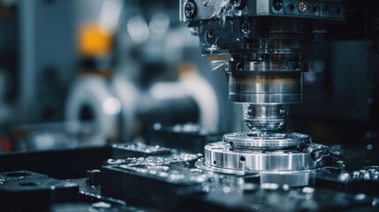 Close-up of CNC machine cutting metal, detail view of the milling process