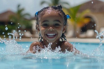 Little girl splashing water in a pool, enjoying the fun and excitement of swimming, capturing the essence of a beach resort vacation in a sunny destination, Generative AI