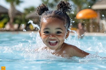 Little girl splashing water in a pool, enjoying the fun and excitement of swimming, capturing the essence of a beach resort vacation in a sunny destination, Generative AI