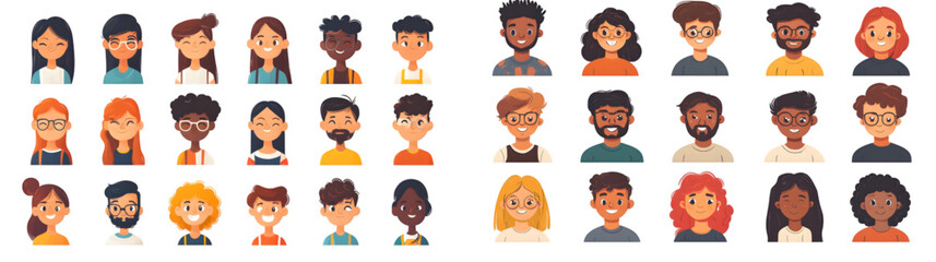 Fototapeta premium Collection of diverse cartoon character avatars in flat design style. Perfect for profiles, user interfaces, and social media illustrations