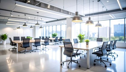 Modern, bright office space with large windows, multiple tables, and chairs