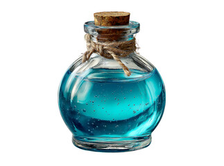 Glass bottle with blue liquid cork and twine, Isolated On White, Transparent Background, Png
