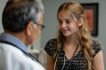 Doctor listening to a teenage girl's breathing and heartbeats using a stethoscope, conducting a preventive physical examination as part of adolescent healthcare, Generative AI