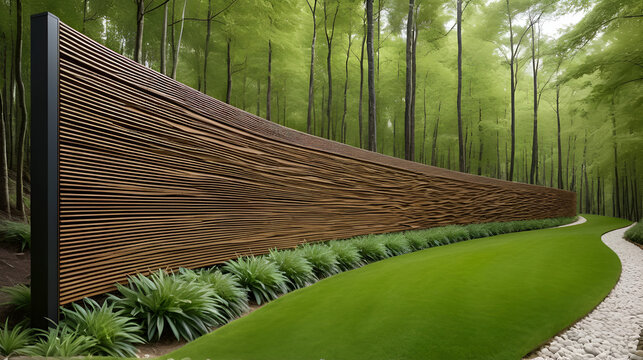 series of elegant architectural windbreak panels curving along a mountain trail, blending with natural contours