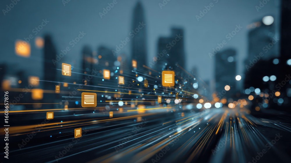 Poster conceptual data streams over a cityscape, abstract representation of digital information flow
