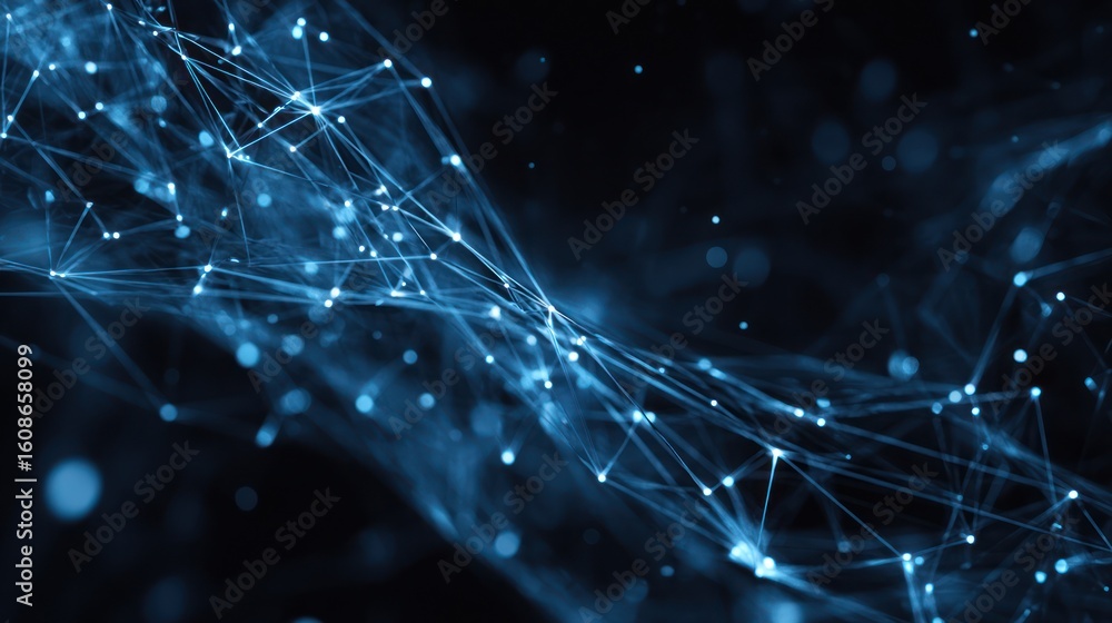 Poster abstract digital depiction of connected nodes and lines in luminous blue against a dark backdrop